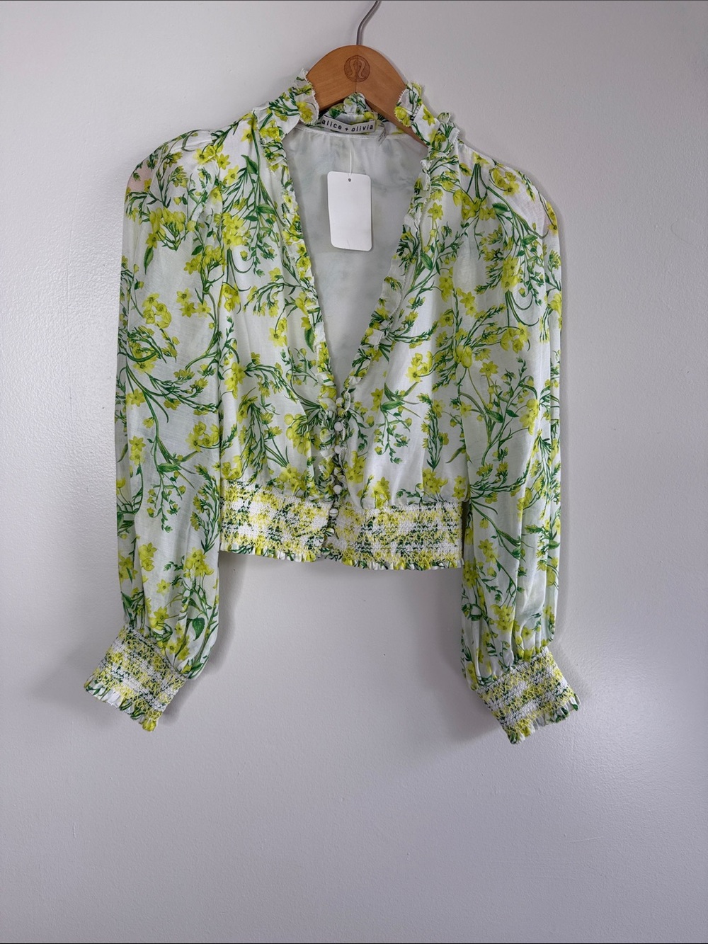 Alice + Olivia White Floral V-Neck Smocked Crop Blouse with Yellow & Green Print